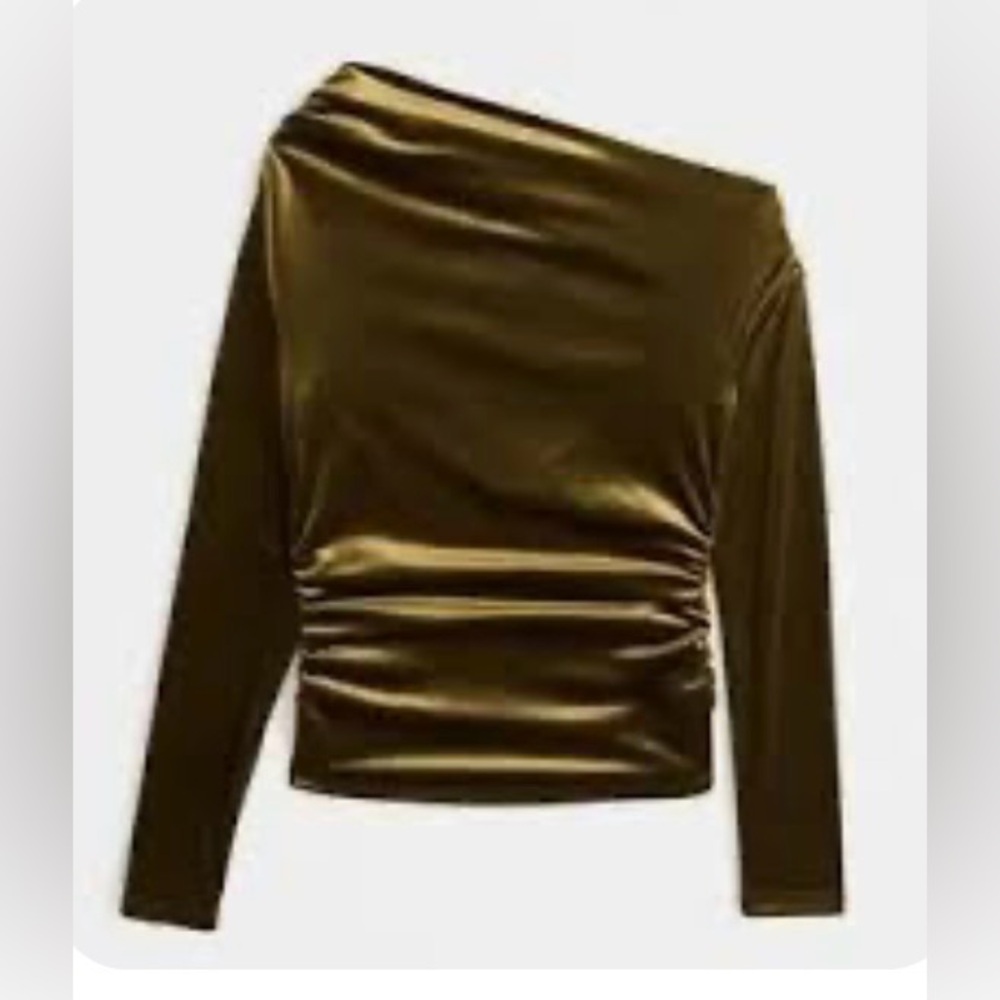Abercrombie & Fitch Velvet One Shoulder Top Olive Ruched Stretch L Chic